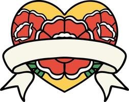 traditional tattoo of a heart and banner with flowers vector