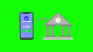 money pay Bank Transfer icon, cash transfer with mobile symbol loop animation with alpha channel, green screen. video