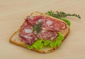 Salami sandwich on wooden background photo