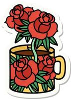 sticker of tattoo in traditional style of a cup and flowers vector