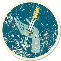 iconic distressed sticker tattoo style image of a dagger in the hand vector