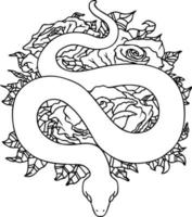 tattoo in black line style of snake and roses vector