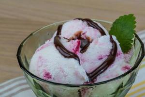 Ice cream with choco and mint leaves photo