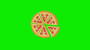 Symbolanimation für geschnittene Pizza. Schleifenanimation mit Alphakanal, grüner Bildschirm.