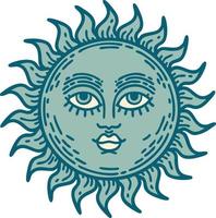 imagen icónica de estilo tatuaje de un sol con cara vector