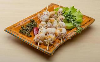 Grilled cuttlefish on the plate and wooden background photo