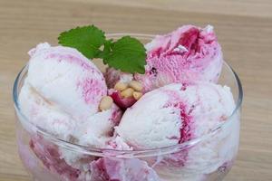 Ice cream with cedar and mint leaves photo