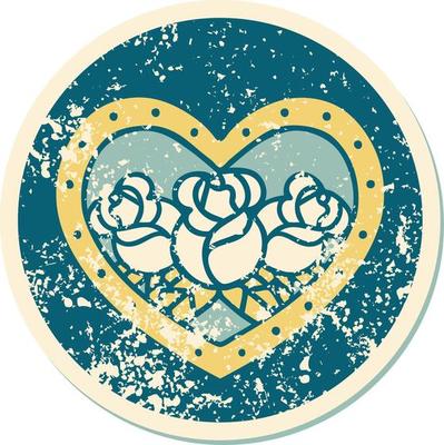 iconic distressed sticker tattoo style image of a heart and flowers
