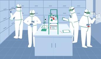 Laboratory assistants stand with test tubes in a protective suit, gloves and a mask near the desktop vector