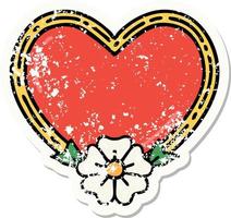 distressed sticker tattoo in traditional style of a heart and flower vector