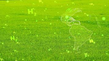 digital global con partículas de texto h2 verdes que vuelan sobre fondo de hierba verde, concepto de energía limpia de hidrógeno verde en todo el mundo video