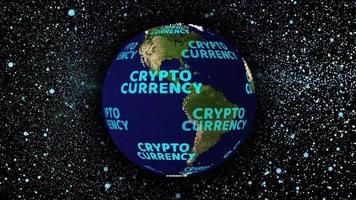 World map with cryptocurrency digital blue text small ball rotating and hundred flying ball on black screen video