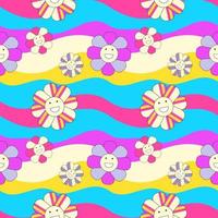 Seamless Pattern Y2k. Seamless vector with smiles and smiles on a background of waves with bright colors. 2000s style pattern for package or fabric print.