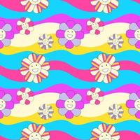 Seamless Pattern Y2k. Seamless vector with smiles and smiles on a background of waves with bright colors. 2000s style pattern for package or fabric print.