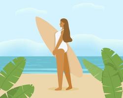 A young woman in a white bathing suit against the sea. vector