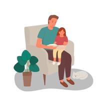 Dad holds his daughter on his lap and reads a book. Father and child spend time together. Cute flat vector illustration.