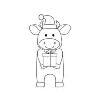 Cute bull in a new year's cap and with a gift. Black outline, sketch, simple silhouette of a holiday animal. Symbol of the year, emblem vector