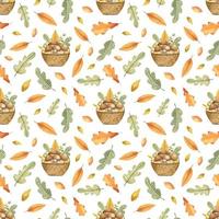 Autumn watercolor seamless pattern with a basket of mushrooms and autumn leaves. Gifts of the forest, harvesting. Watercolor wrapping paper, pattern filling, Thanksgiving, web page background. vector