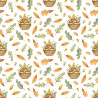 Autumn watercolor seamless pattern with a basket of mushrooms and autumn leaves. Gifts of the forest, harvesting. Watercolor wrapping paper, pattern filling, Thanksgiving, web page background. vector