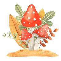 Watercolor composition of mushroom fly agaric and autumn leaves. Watercolor autumn sublimation with fly agarics and oak leaves. autumn gifts of the forest vector