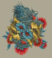 diseño de vector de ilustración de dragón koi japonés