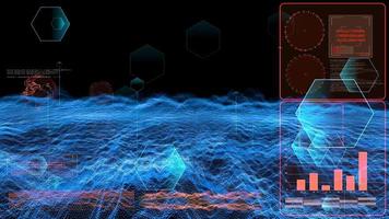 Futuristic digital radar graph monitor seacrhing on wave elements with hexagon scanner detected video