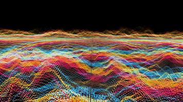oscilação de forma de onda de bolas de elemento vermelho amarelo abstrato futurista, superfície digital de tecnologia de onda de visualização com estrelas de partículas video