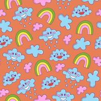 Psychedelic vector seamless pattern with rainbow and cloud