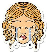 traditional distressed sticker tattoo of female face crying vector