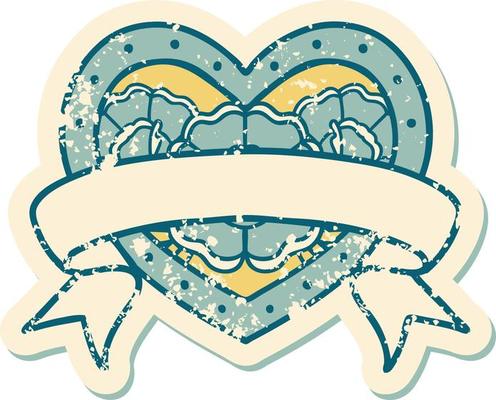 distressed sticker tattoo style icon of a heart and banner with flowers