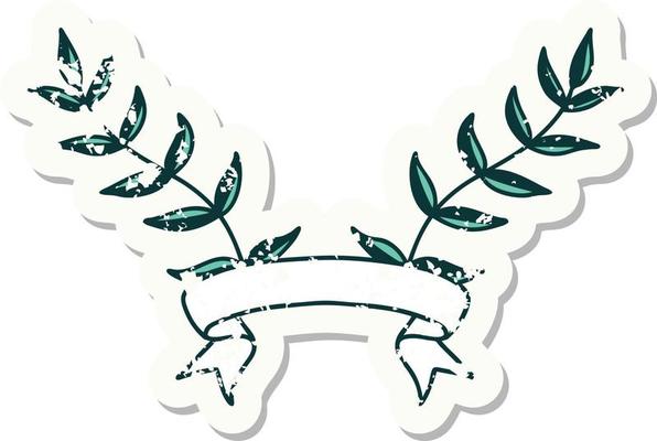 grunge sticker with banner of leaves
