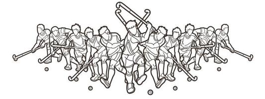 Field Hockey Sport Team Male Players Action Outline vector