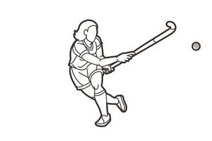 Outline Field Hockey Sport Female Player Action vector