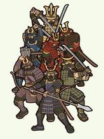 Group of Samurai Warrior or Ronin Japanese Fighter Bushido Action with Armor and Weapon vector