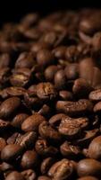 verticale lento movimento di arrostito caffè fagioli cadente. biologico caffè semi. video