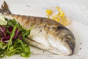 Dorada fish with salad on the white plate. Studio shot photo