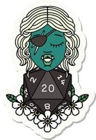 sticker of a half orc rogue with natural twenty dice roll vector