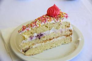 Fresh cake on the plate and white background photo