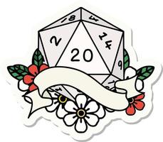 sticker of a natural twenty D20 dice roll vector