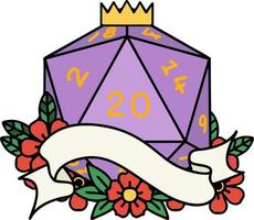 Retro Tattoo Style natural twenty D20 dice roll vector