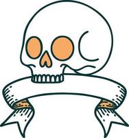 tatuaje tradicional con estandarte de una calavera vector