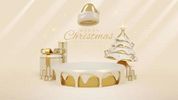 Product display podium with golden santa claus hat element and christmas tree with ball and gift box decoration and glitter light effect with stars. Vector illustration.