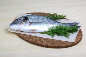 Raw dorado on wooden board and wooden background photo