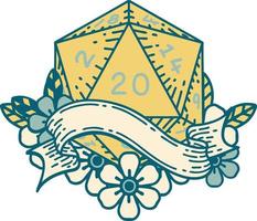 Retro Tattoo Style natural twenty D20 dice roll vector