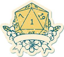 Retro Tattoo Style natural one d20 dice roll vector