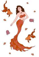 Illustration of a mermaid girl with brown hair and an orange tail. Around the sea inhabitants, jellyfish, fish. vector