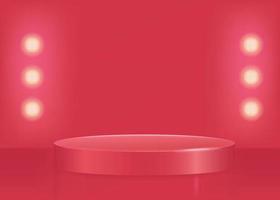 3d realistic red podium with lights. Scene for product demonstration, discounts. Vector geometric platform.