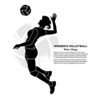 Black silhouette of female volleyball player jumping and hitting the ball. Vector illustration