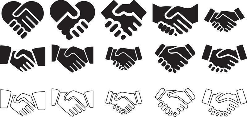 handshake icon set. Heart handshake icon. Friendship and love line icons. Soul brother handshake icon, Heart handshake icon in different style design
