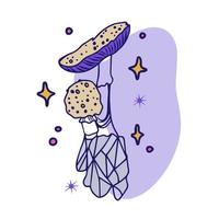 Magic mushroom with crystals and stars, outline drawing, graphics, doodle vector